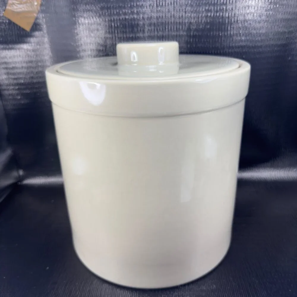 West Elm Tan Stoneware Pottery Heavy Large Canister Container Crock With Lid VTG